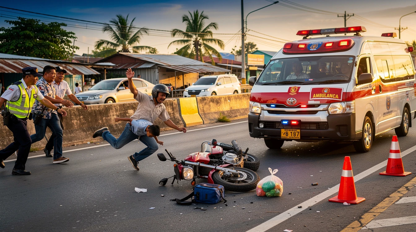 Father and Child Thrown From Motorcycle After Ambulance Sideswipes Them on Philippine Road