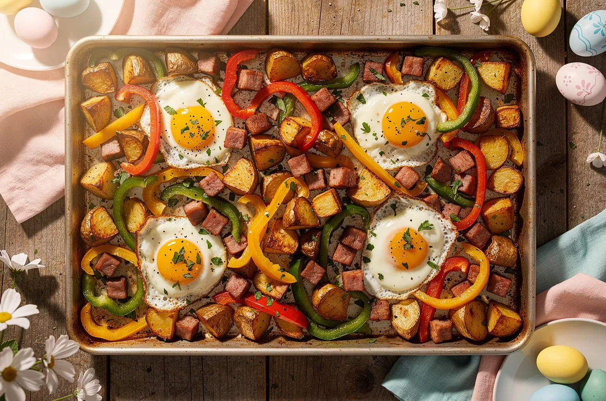 Sheet Pan Easter Breakfast Hash with Eggs & Ham - Breakfast recipe