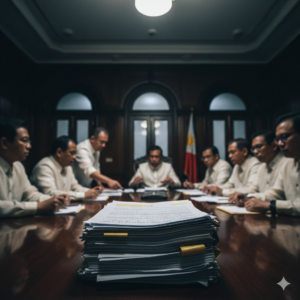Candid, ultra-realistic editorial photography, mid-shot of a tense, late-night meeting inside a dimly lit, ornate government conference room in Manila. Focus on a stack of heavily marked-up budget documents (thick legislative bill paper) placed centrally on a polished mahogany table, slightly blurred figures of diverse legislators in traditional barongs lean over the documents, actively debating with visible urgency and stress in a candid, unscripted moment. Harsh overhead light creating deep shadows, subtle motion blur on a hand pointing at a line item, cinematic grain texture (ISO 1600), shallow depth of field, conveying the high-stakes pressure of a midnight budget negotiation.