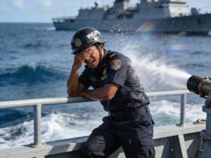 Mid-shot, ultra-realistic editorial photography capturing a Filipino Coast Guard (PCG) crew member on the deck of a patrol vessel in the West Philippine Sea. The subject, a young man, is wearing a standard PCG uniform and helmet, leaning against a railing, his face wet and grimacing as a high-pressure water cannon blast strikes nearby. The moment is fleeting and high-emotion, freezing the chaos and tension. Candid documentary style, catching the unscripted shock on his face as he shields his eyes from the spray. The background features churning blue-gray water and a hint of a distant, menacing gray vessel, slightly out of focus to emphasize the subject. Heavy, authentic film grain texture equivalent to ISO 1600, with a visible water streak and lens flare across the frame for added realism.