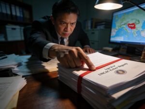 Ultra-realistic editorial photography, mid-shot, capturing a decisive moment in a dimly lit Philippine government anti-corruption office late at night. A middle-aged Filipino prosecutor, wearing a dark suit, leans over a large, cluttered wooden table. The focus is on the official's intense expression and one hand decisively gripping a thick stack of legal briefs bound with red tape, symbolizing the UNCAC treaty and extradition request. Next to the documents, a faint, blurred screen or map dimly shows a highlighted area over Europe, suggesting the fugitive's location in Portugal. Harsh, low-key lighting from a single desk lamp casts deep shadows and dramatically illuminates the paper and the official's face. Candid documentary style, high ISO 1200 film grain for texture, subtle motion blur on the gripping hand, and an extremely shallow depth of field that blurs the background shelves and filing cabinets into abstraction. Avoid any legible text on the documents or screen.