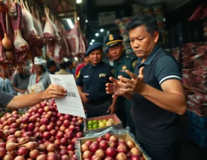 A documentary editorial photograph captured mid-action on grainy 35mm film (ISO 1600) inside the crowded, humid confines of Manila's Obrero Public Market. A tense confrontation unfolds in a mid-shot frame as a stern government inspector, wearing a dark vest over a polo shirt and holding a clipboard, thrusts a paper "show-cause order" toward a distressed female vendor. The vendor, surrounded by piles of red onions and cuts of raw pork hanging from hooks, gestures defensively with begrimed hands, her face twisted in frustration and anxiety. Behind them, a uniformed Philippine National Police officer is partially visible, observing the scene amid a blur of marketgoers and stacked produce crates. Harsh, mixed artificial lighting creates deep shadows and lens flare, with noticeable motion blur capturing the urgency of the interaction. The background is densely packed and significantly out of focus, emphasizing the raw, chaotic atmosphere.