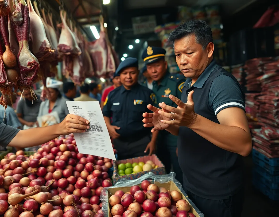 A documentary editorial photograph captured mid-action on grainy 35mm film (ISO 1600) inside the crowded, humid confines of Manila's Obrero Public Market. A tense confrontation unfolds in a mid-shot frame as a stern government inspector, wearing a dark vest over a polo shirt and holding a clipboard, thrusts a paper "show-cause order" toward a distressed female vendor. The vendor, surrounded by piles of red onions and cuts of raw pork hanging from hooks, gestures defensively with begrimed hands, her face twisted in frustration and anxiety. Behind them, a uniformed Philippine National Police officer is partially visible, observing the scene amid a blur of marketgoers and stacked produce crates. Harsh, mixed artificial lighting creates deep shadows and lens flare, with noticeable motion blur capturing the urgency of the interaction. The background is densely packed and significantly out of focus, emphasizing the raw, chaotic atmosphere.