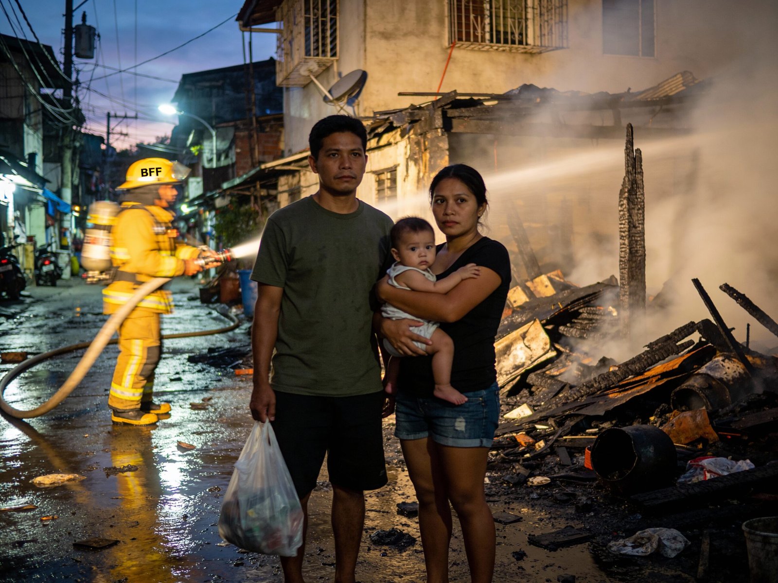 Ultra-realistic, candid editorial photography of a Filipino family (man, woman, infant) standing amidst the wet, smoking debris of their burned residential home in a densely packed urban Caloocan alley at dusk. The father is holding a plastic bag, the mother is clutching the infant tightly to her chest, both staring straight ahead with expressions of shock and quiet despair. A BFP firefighter in yellow gear and helmet is partially visible and slightly out of focus in the smoky background, operating a hose. Mid-shot, low light, high contrast, shallow depth of field (bokeh effect on background). Authentic film grain (ISO 1600), subtle motion blur, flash reflection on wet pavement. Documentary style, not staged.