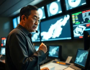 Ultra-realistic editorial photography, candid documentary shot: A tight mid-shot of a Japanese official, late middle-aged, with a visibly anxious but focused expression, standing in the control room of the Japan Meteorological Agency (JMA) or a rail operation center. He is hunched slightly over a large, brightly lit digital map or screen displaying a seismic waveform or tsunami advisory graphic over the Aomori coast, his hand frozen mid-action near a communication headset. The scene is illuminated by the harsh, uneven light of the screens, causing lens flare and digital noise in the immediate foreground. The background is a slightly blurred cascade of monitors and blinking status lights, conveying the high-stress environment of crisis management. Apply heavy film grain texture (ISO 1600) to emphasize the raw, immediate tension of responding to the M6.7 earthquake and subsequent tsunami advisory.