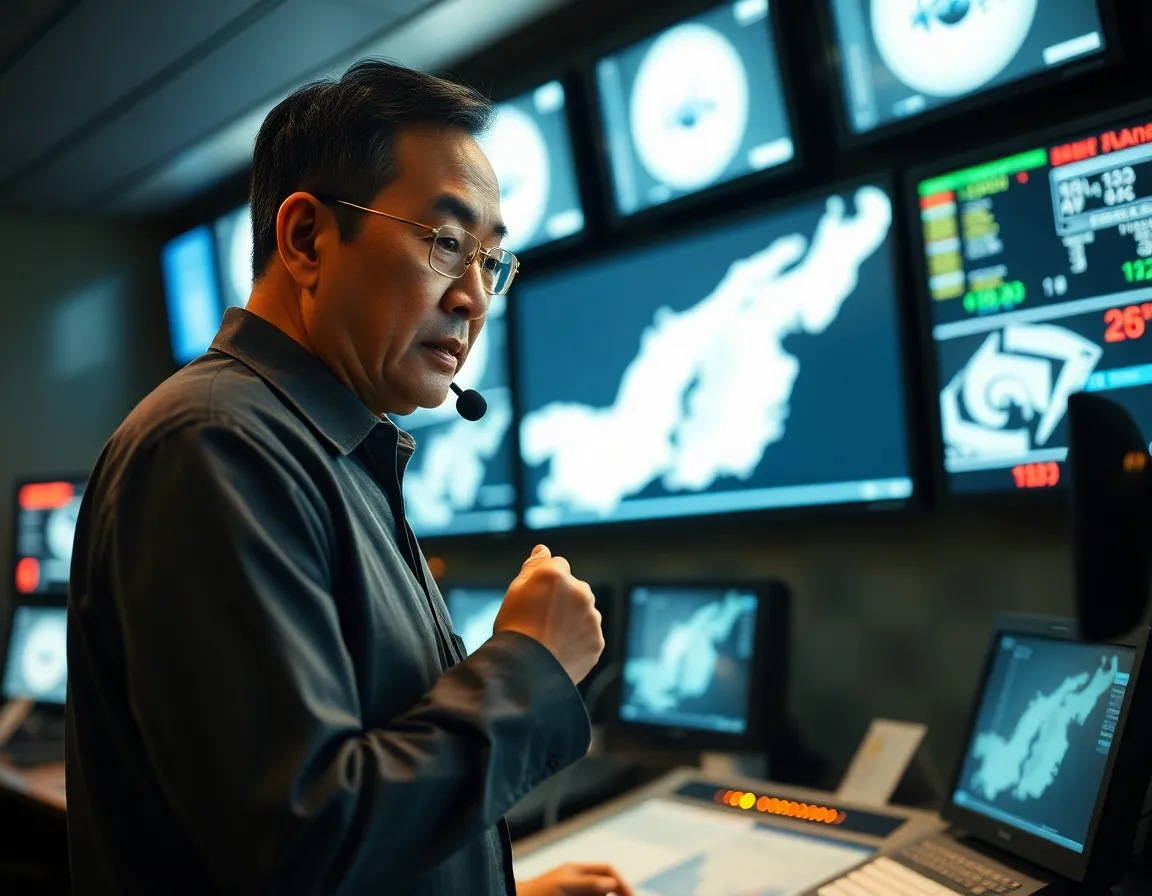 Ultra-realistic editorial photography, candid documentary shot: A tight mid-shot of a Japanese official, late middle-aged, with a visibly anxious but focused expression, standing in the control room of the Japan Meteorological Agency (JMA) or a rail operation center. He is hunched slightly over a large, brightly lit digital map or screen displaying a seismic waveform or tsunami advisory graphic over the Aomori coast, his hand frozen mid-action near a communication headset. The scene is illuminated by the harsh, uneven light of the screens, causing lens flare and digital noise in the immediate foreground. The background is a slightly blurred cascade of monitors and blinking status lights, conveying the high-stress environment of crisis management. Apply heavy film grain texture (ISO 1600) to emphasize the raw, immediate tension of responding to the M6.7 earthquake and subsequent tsunami advisory.