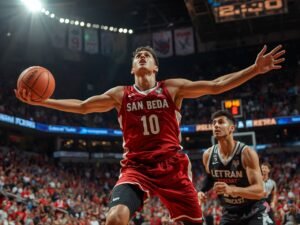 A mid-shot, ultra-realistic editorial photograph capturing a high-emotion moment in a packed basketball arena. A San Beda player leaps mid-action after releasing a crucial game-winning shot, sweat and exhaustion visible, with a Letran defender reacting a split second too late. The player’s expression shows raw determination and relief. The scene feels candid, as if caught unexpectedly by a courtside journalist. Teammates and blurred red-and-blue crowd colors fill the softly out-of-focus background. Slight motion blur on the ball and players, subtle lens flare from overhead arena lights, and ISO 1600 grain add authenticity. No posing, no stylization, just a real, tense, unscripted moment frozen at the height of intensity.