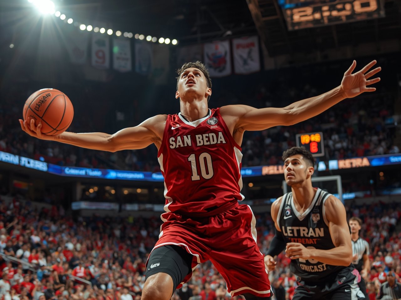 A mid-shot, ultra-realistic editorial photograph capturing a high-emotion moment in a packed basketball arena. A San Beda player leaps mid-action after releasing a crucial game-winning shot, sweat and exhaustion visible, with a Letran defender reacting a split second too late. The player’s expression shows raw determination and relief. The scene feels candid, as if caught unexpectedly by a courtside journalist. Teammates and blurred red-and-blue crowd colors fill the softly out-of-focus background. Slight motion blur on the ball and players, subtle lens flare from overhead arena lights, and ISO 1600 grain add authenticity. No posing, no stylization, just a real, tense, unscripted moment frozen at the height of intensity.