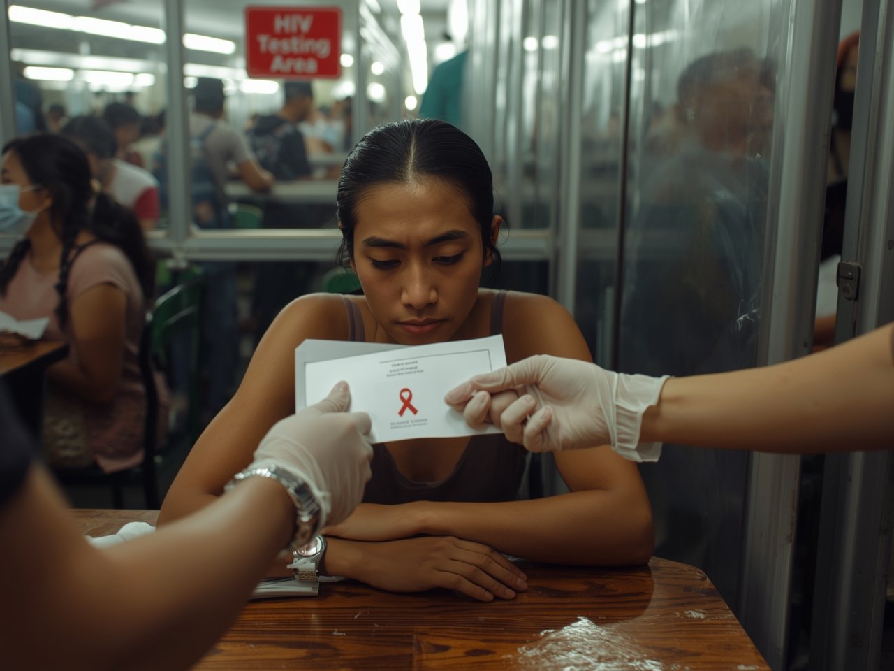 A mid-shot documentary-style photo inside a crowded Manila public health clinic, capturing a young Filipino adult seated at a testing desk as a healthcare worker in gloves hands them an HIV test result envelope. The subject’s tense, vulnerable expression is caught mid-breath, eyes lowered, fingers trembling slightly. Soft fluorescent light reflects off metal surfaces, with subtle motion blur from people moving in the background. A red “testing area” sign appears blurred behind them, symbolizing urgency without dominating the frame. The atmosphere feels heavy and real, with grainy ISO 1600 texture, slight lens flare, and imperfect focus for authenticity. Background remains out of focus to center the emotional weight of the moment.