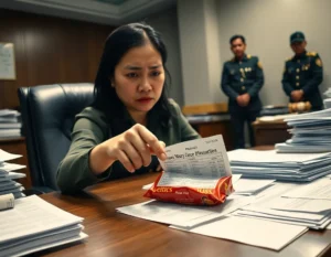 Ultra-realistic editorial photography, candid documentary shot: A tight mid-shot of a stressed, visibly fatigued woman (representing a financial officer or administrative aide) in a formal government office setting in the Philippines. She is seated at a large, chaotic desk piled with stacks of official papers and thick audit reports. Her hand, slightly trembling with motion blur, is frantically pointing at a small, crumpled, official-looking receipt lying next to a distinctive, branded potato chip bag (representing the "Mary Grace Piattos" scandal). A harsh overhead flash reflects off the table surface, and the lighting is gritty and low-key. The background is slightly out of focus, showing a glimpse of a military-uniformed security officer standing stiffly near a slightly opened, ordinary duffel bag resting on the floor. Apply heavy film grain texture (ISO 1600) for a raw, high-tension moment caught mid-action. The emotion is one of panic and desperate accountability.