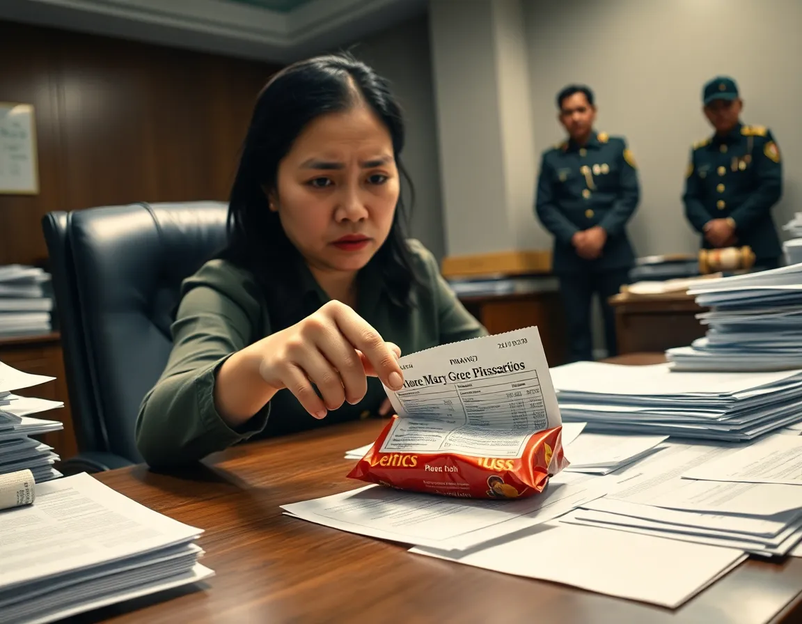 Ultra-realistic editorial photography, candid documentary shot: A tight mid-shot of a stressed, visibly fatigued woman (representing a financial officer or administrative aide) in a formal government office setting in the Philippines. She is seated at a large, chaotic desk piled with stacks of official papers and thick audit reports. Her hand, slightly trembling with motion blur, is frantically pointing at a small, crumpled, official-looking receipt lying next to a distinctive, branded potato chip bag (representing the "Mary Grace Piattos" scandal). A harsh overhead flash reflects off the table surface, and the lighting is gritty and low-key. The background is slightly out of focus, showing a glimpse of a military-uniformed security officer standing stiffly near a slightly opened, ordinary duffel bag resting on the floor. Apply heavy film grain texture (ISO 1600) for a raw, high-tension moment caught mid-action. The emotion is one of panic and desperate accountability.