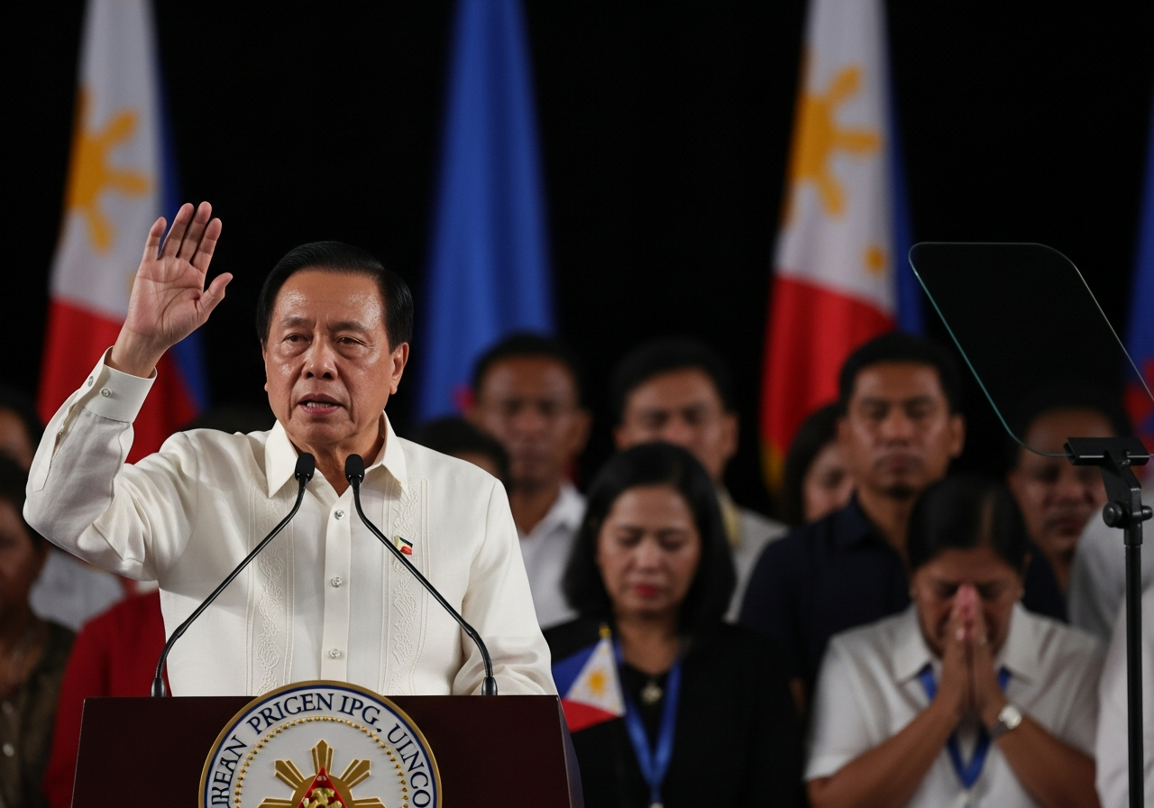 A candid mid-shot of President Ferdinand Marcos Jr. standing at a podium during a public address, caught in a fleeting moment as he raises one hand slightly, expressing a call for unity. His expression shows earnest tension, illuminated by soft overhead light. The blurred background reveals a diverse crowd of Filipinos, some with bowed heads in reflective prayer and others watching intently, symbolizing both division and hope. Subtle motion blur in a waving flag in the background, lens flare from stage lighting, and grainy ISO 1600 texture add realism. The atmosphere feels unscripted and documentary-like, capturing a nation in emotional pause, with shallow depth of field keeping focus on Marcos’s gesture and expression.